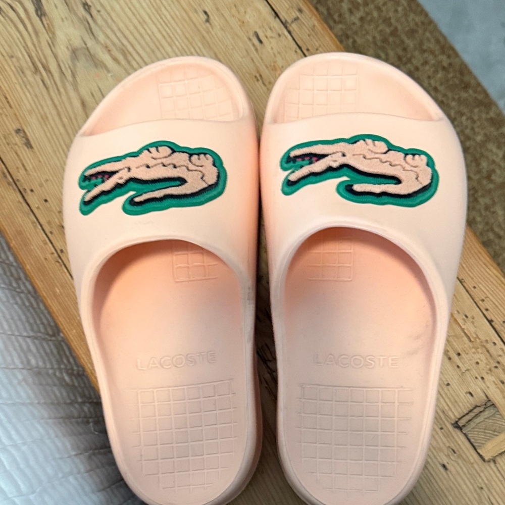 Lacoste Light Pink Slide Sandals with Green Crocodile Patch